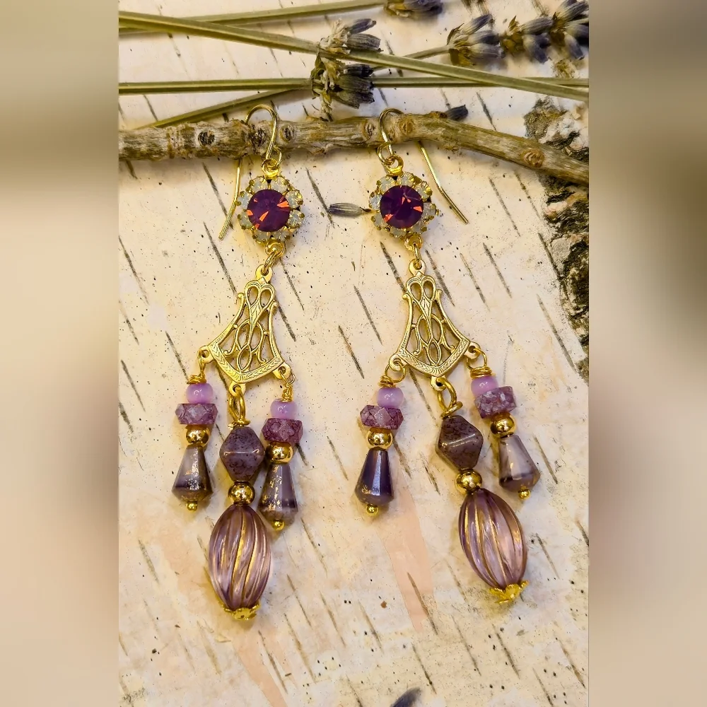Victorian Opaline Purple W/ Crystal Flowers In 3 Strands Long GP Earrings